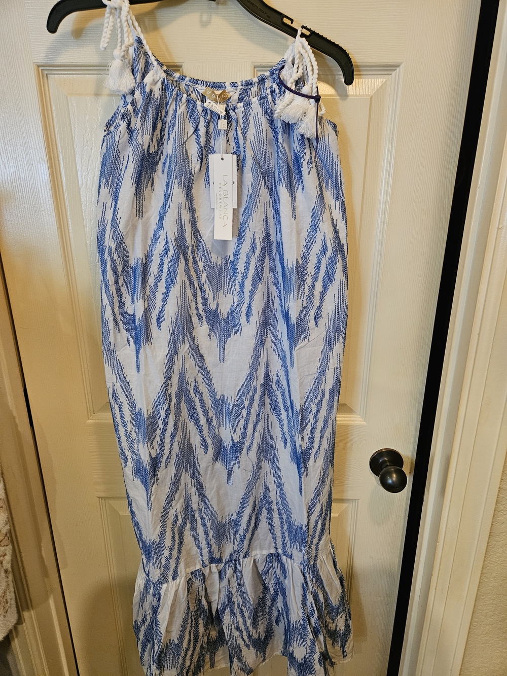 La Blanca Blue and White Chevron Maxi Dress with Tassel Ties